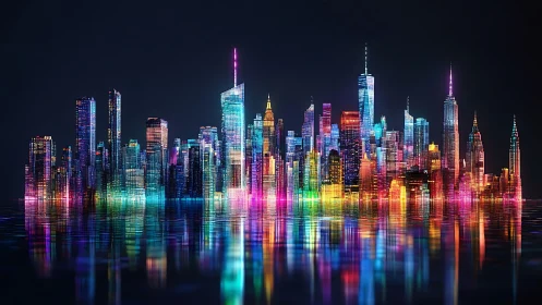 Neon city skyline reflects across tranquil night water