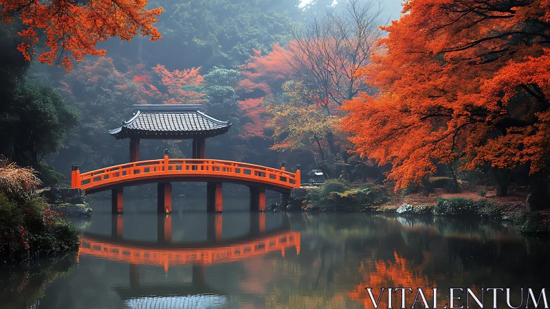 Crimson bridge hushes the misty autumn garden into stillness