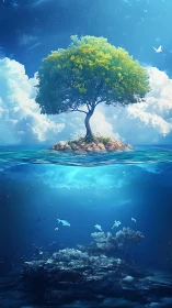 Luminous Sanctuary: Tree of Life Blooms Upon Emerald Waters