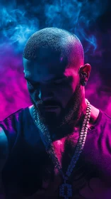 Neon-lit portrait of moody man in jewel-bright vapor haze.