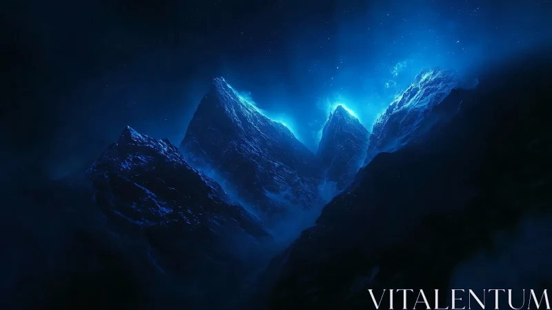 Luminescent alpine peaks emerge from a deep cerulean void