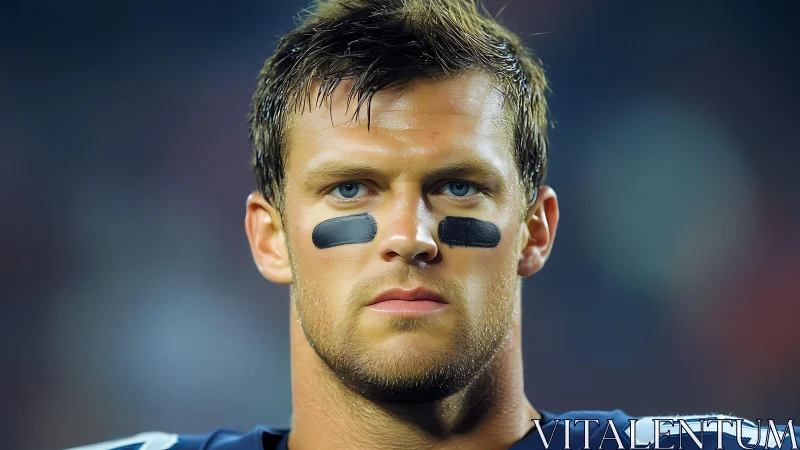 Close frontal portrait of male gridiron player on field.