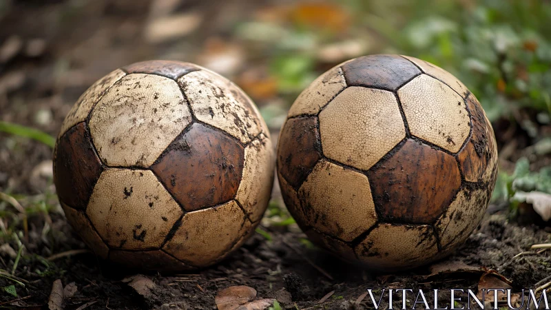 Weathered twin footballs resting in a quiet earthy sideline.