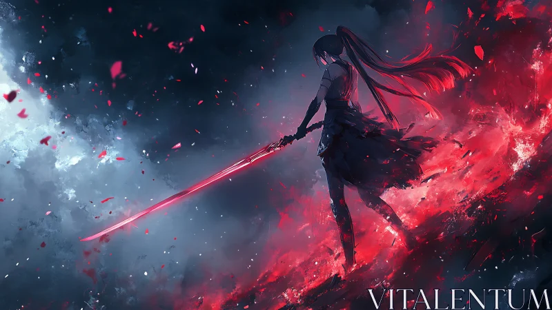 Female swordswoman in red energy field against dark sky.