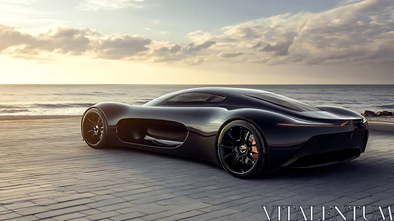 Midnight supercar idles by a molten-gold ocean horizon.