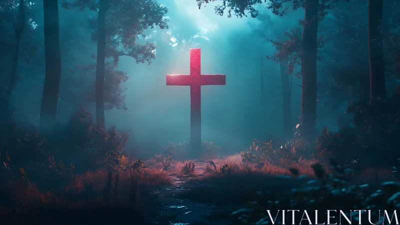 Luminous red cross rises in misty blue forest clearing