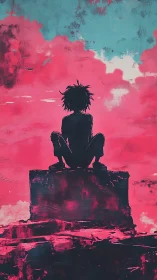 Silhouetted figure watches neon clouds from solitary ledge