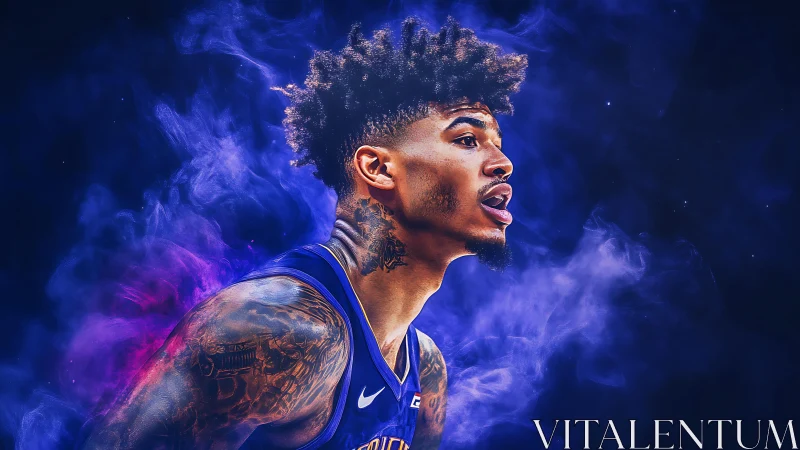 Dynamic basketball portrait in neon vaporwave smoke glow.