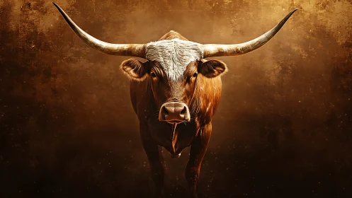 Longhorn bull stands centered against textured brown backdrop