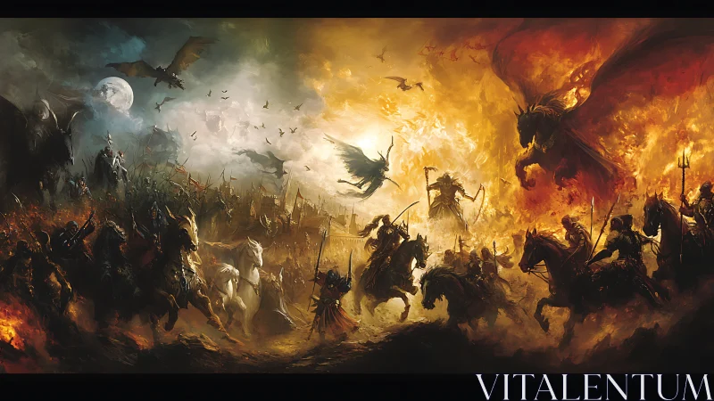 Massive mounted battle unfolds between fire and shadow