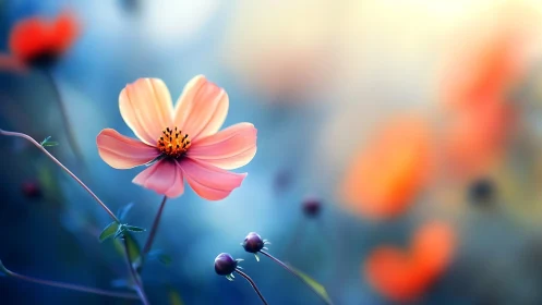 Cosmos Flower in Soft Focus Against Blurred Blue Garden.