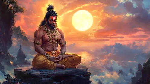 Muscular yogi meditates on cliff under oversized luminous sun