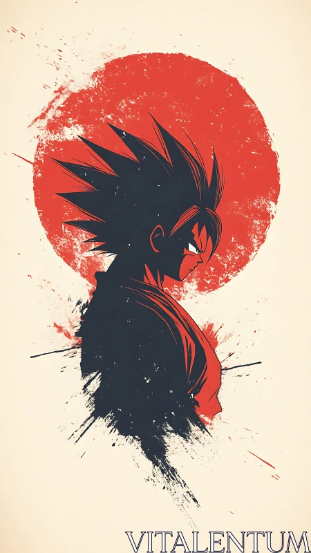 Spiky haired warrior silhouette stands before scarlet sun