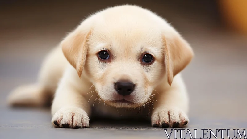 Gentle golden puppy resting with wide, curious eyes.