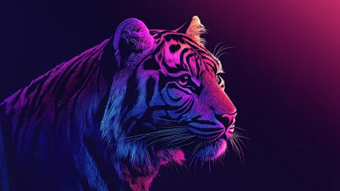 Neon gradient tiger portrait in vivid duotone lighting.