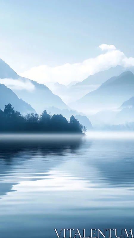 Calm misty lake with layered blue mountain silhouettes.