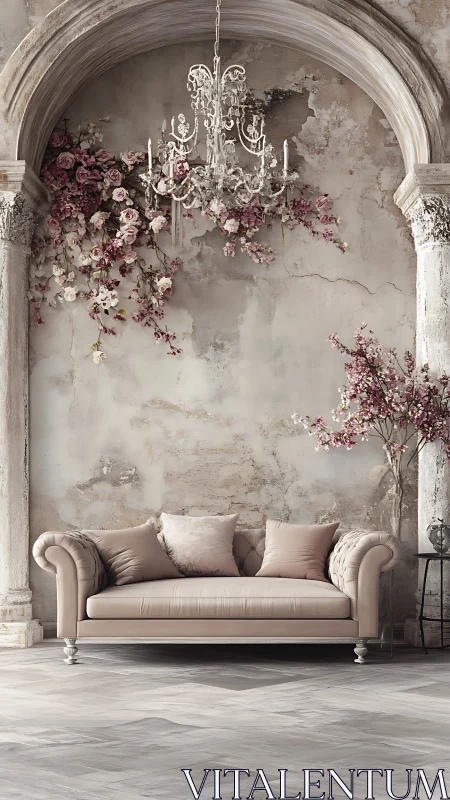 Romantic blush sofa under vintage arch with soft florals.