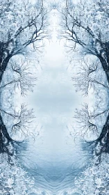 Symmetrical winter treescape mirrored over icy reflective water