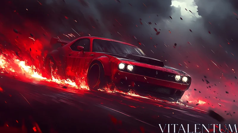 Muscle car drifts through incendiary rain in cinematic perspective