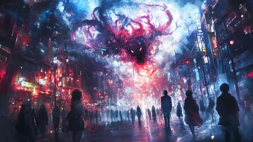 Gigantic fiery void creature looms above neon city street
