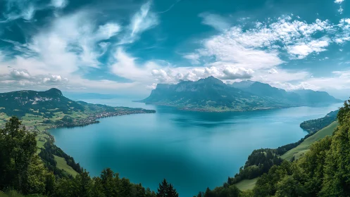 Glassy turquoise lake cradles emerald slopes and misty peaks