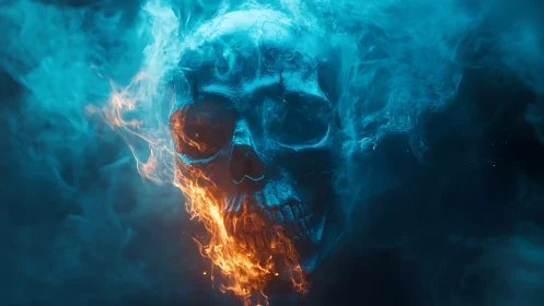 Human skull model is enveloped in contrasting colored flames