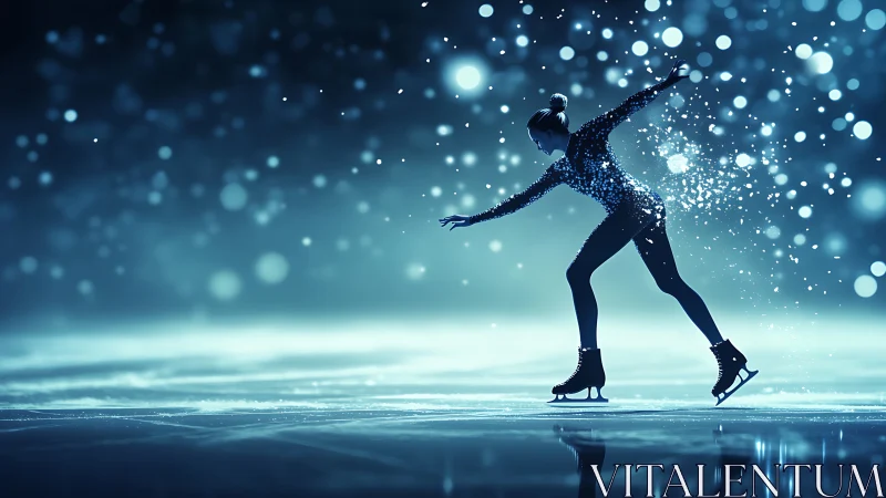 Figure skater gliding on ice in blue studio lighting.
