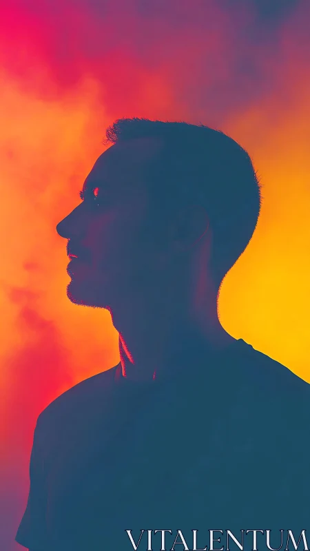 Contemplative male silhouette glows against vivid neon haze