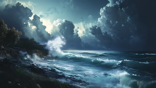 Stormlit shoreline where restless waves meet glowing sky.