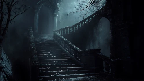Stone staircase in dark ruins with mist and bare branches.
