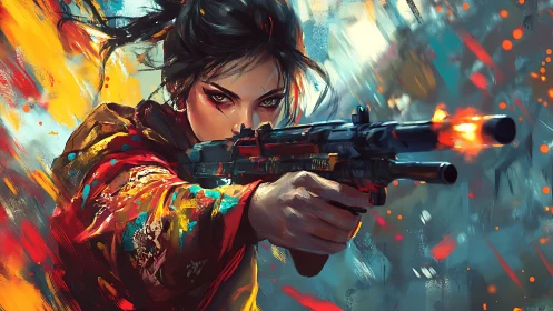 Samurai gunfighter in blazing abstract firefight scene.