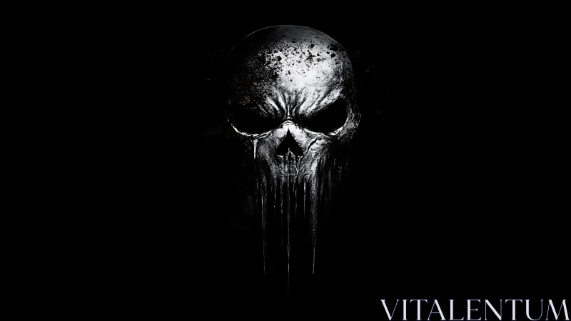 Grunge skull emblem with dripping monochrome paint on black.