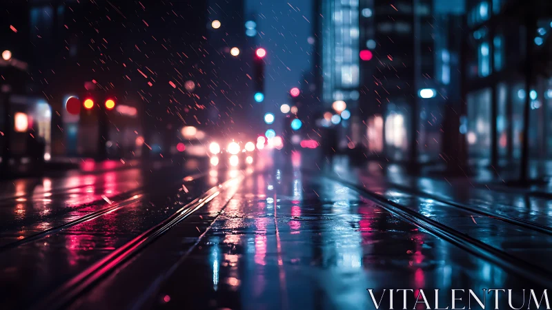 Rainy city street shows tram tracks, reflections, and bokeh lights