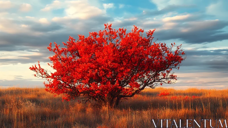 Vibrant red autumn tree in golden field under dramatic sky.