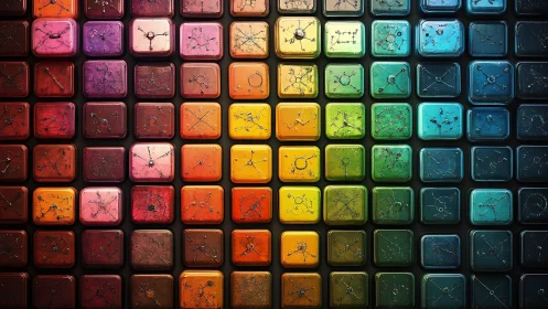 Grid of colored square tiles with abstract node patterns.