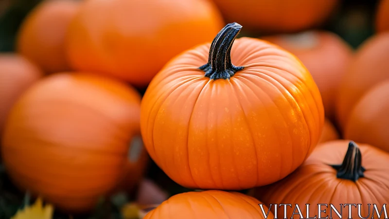 Single ripe pumpkin centered among blurred pumpkins