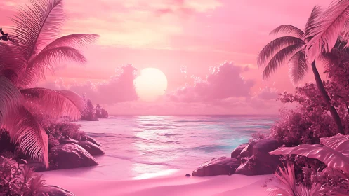 Tropical Paradise Sunset: Pink Ocean Seascape with Palm Fronds.