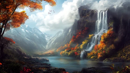 Mountain lake and tiered waterfall in autumn landscape.