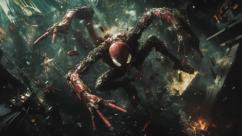 Cybernetic spider hero dives through shattering neon chaos.