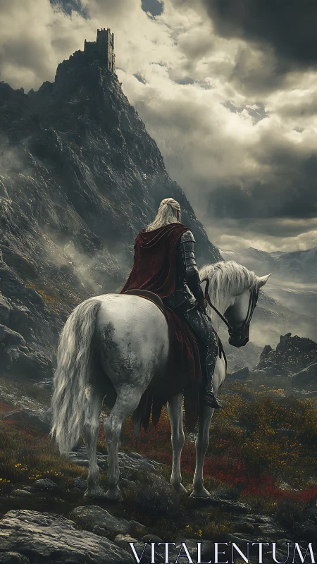 Armored rider on white warhorse below stormlit cliff fortress