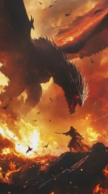 Lone warrior confronts fire dragon amid molten battlefield.