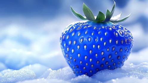 Photorealistic blue strawberry on crystalline frost field.