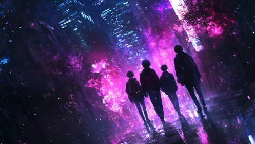 Neon city wanderers crossing a rain-soaked midnight street.