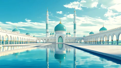 Islamic mosque courtyard with domes and reflective pool.