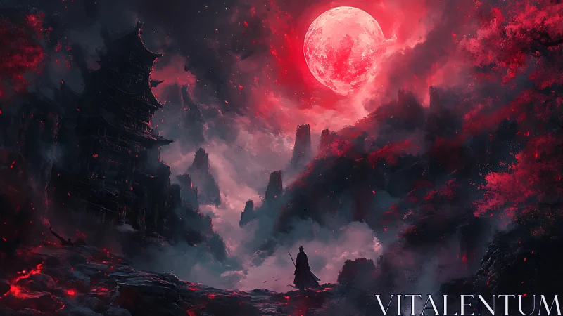 Lone figure under red moon in dark mountainous landscape.