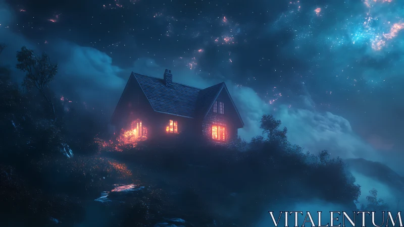 Isolated hillside cabin under luminous nebula night sky