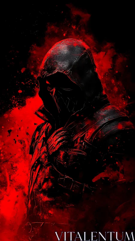 Crimson shadows cradle the hooded warrior in fierce silence