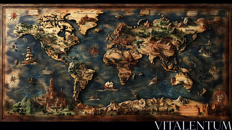 Fantasy world map with carved continents and epic seas.