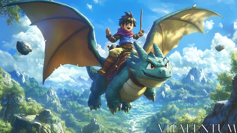 Boy and blue dragon joyride across a sunlit fantasy sky