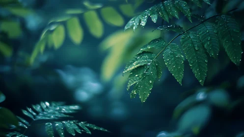 Midnight rain whispers on emerald jungle leaves.